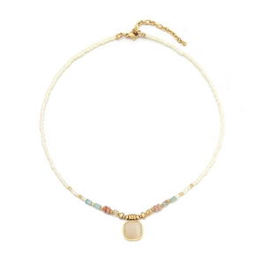 Handmade colorful natural stone beaded necklace with square gemstone pendant for women