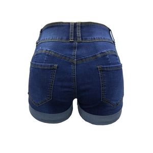 Back view of high waisted dark blue denim shorts for women with classic pocket detail