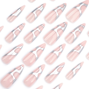 Long coffin fake nails with nude pink base and metallic silver geometric stripes