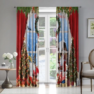 Detail of Christmas theme curtains featuring Santa and reindeer on polyester fabric