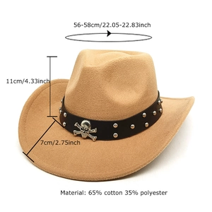 Chapeau de cowboy rétro kaki en feutre avec bandeau en cuir et insigne de crâne en métal