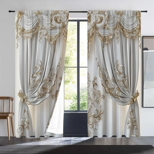 Detail of luxury European floral curtains featuring intricate gold embroidery and valance