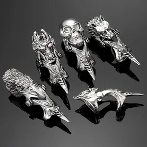 Vintage Punk Armor Hinged Joint Full Finger Ring Antique Silver Alloy Skull Dragon Snake Gothic Rock Jewelry Men Women