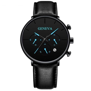 Geneva men's quartz watch with black leather strap, date display and blue luminous hands