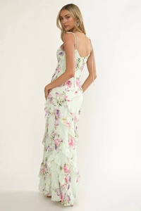 Detail of mint green floral maxi dress featuring ruffles and delicate spaghetti straps
