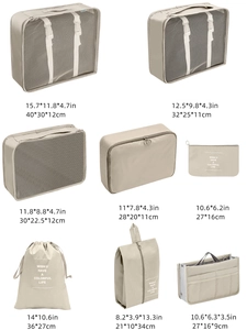 Overview of 8-piece beige travel organizer set with dimensions in cm and inches