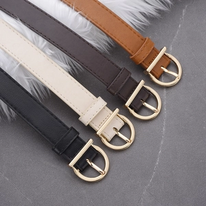 Vintage gold buckle leather belts for women in black, brown, dark brown, and cream colors