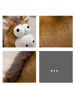 Détails du poney en peluche marron montrant la texture douce et les grands yeux mignons