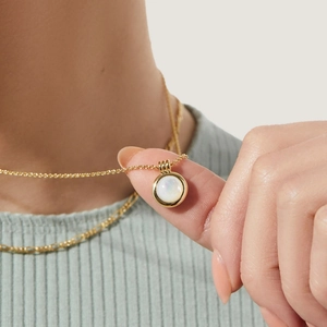 24K gold plated layered necklace featuring a round white natural stone pendant for women