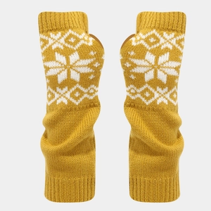 Detailed view of yellow knit arm warmers featuring white Nordic snowflake patterns