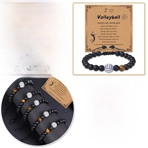 Detail of volleyball charm bracelet with tiger eye beads and inspirational card set