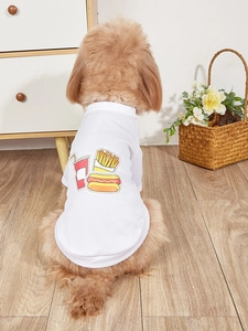 Detail of dog wearing breathable mesh pet vest with cartoon fast food prints at home