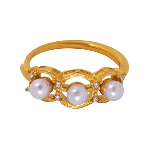 Adjustable golden stainless steel open ring featuring three pearls and zircon accents