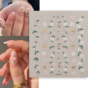 Stereo embossed nail art stickers with white and gold flowers and green vine patterns