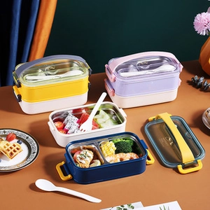 Detail of 304 stainless steel lunch box in yellow, purple, and blue with dual-layer design