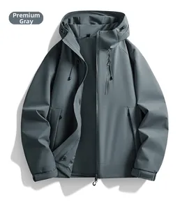 Detail view of premium grey hooded jacket with adjustable cuffs and zipper pockets