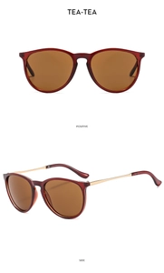 Detail view of round tea lenses and slim metal temples on trendy fashion sunglasses