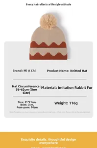 Detail of pom-pom beanie with rabbit fur texture, color-block knit and 56-62cm size