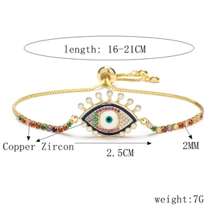 Detail view of gold-plated evil eye bracelet with colorful zircons and size specifications