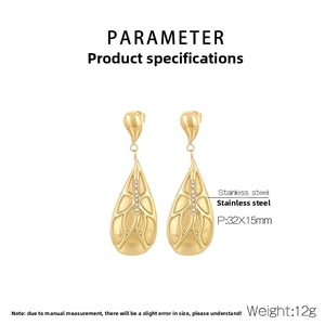 Detail view of gold stainless steel teardrop earrings with crystals and size 32x15mm