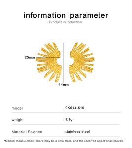 Macro shot of gold fan-shaped stainless steel earrings with size and weight specs