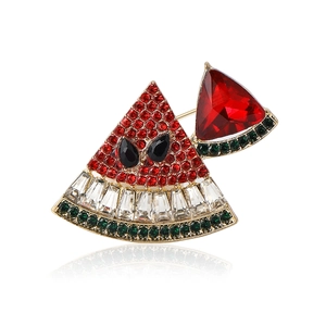 Cute Korean style alloy watermelon slice brooch with colorful rhinestones on white background
