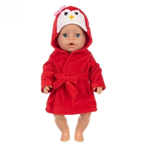 Detail view of 18 inch doll red penguin fleece bathrobe with cute bow and hood decoration