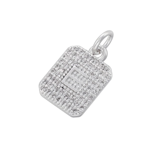Detailed view of silver rectangular letter E pendant with clear zircon micro-pave setting
