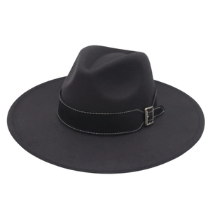 Detail of black wool felt hat with white contrast stitching and a silver metal buckle band