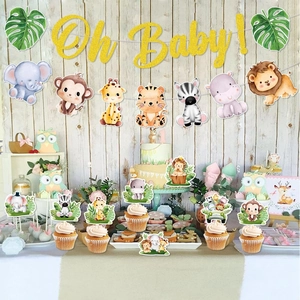 Oh Baby jungle animal themed baby shower decoration set with gold glitter banner and cake toppers