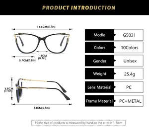 Detailed dimension chart for cat-eye TR90 blue light blocking glasses model G5031