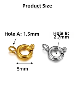 5mm stainless steel spring clasp detail showing 1.5mm and 2.7mm connection hole sizes