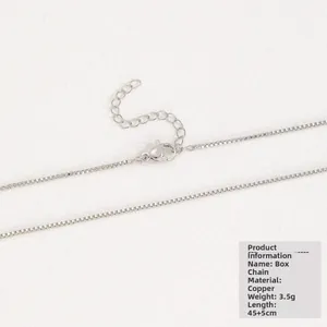 Detail of silver box chain necklace with lobster clasp, copper material, 45cm length
