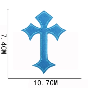 Detailed blue cross embroidery patch showing 7.4cm by 10.7cm size measurements