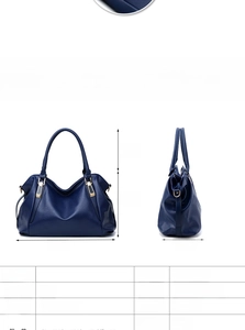 Detailed size chart of the navy blue PU leather handbag with height and width dimensions