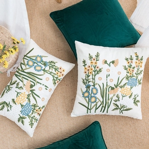 Nordic floral embroidered cotton canvas pillow covers with green velvet cushions set