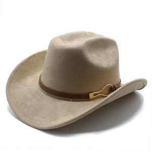Detail view of beige felt cowboy hat featuring brown leather band and gold horseshoe buckle