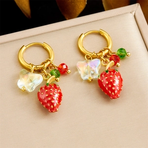 Stainless Steel Strawberry Butterfly Hoop Earrings Gold Plated Sweet Fresh Fruit Dangle Ear Jewelry For Women Girls