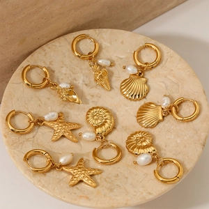 Ocean Theme Hoop Earrings Stainless Steel With Artificial Pearl Starfish Shell Conch Pendants Beach Holiday Style Jewelry For Women
