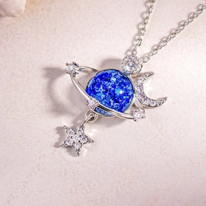 S925 sterling silver Saturn planet necklace with blue crystal and moon star pendants