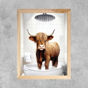 Detail of Highland cow in bathtub canvas art with a light wood frame on a textured wall
