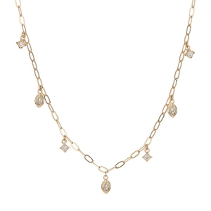 Gold snake chain necklace featuring marquise-shaped pendants with inlaid zircon crystals