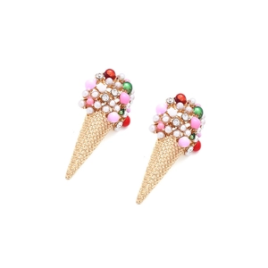Colorful ice cream cone stud earrings with faux pearls and crystals on gold base