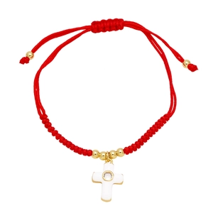 Handmade red string bracelet with 18k gold plated cross pendant and sparkling crystal