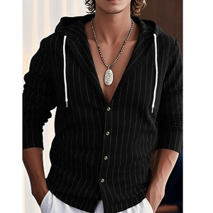 Close-up of black vertical striped hooded shirt featuring a white drawstring and buttons