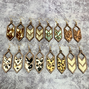 Set of eight geometric genuine leather cow and leopard print wooden drop earrings