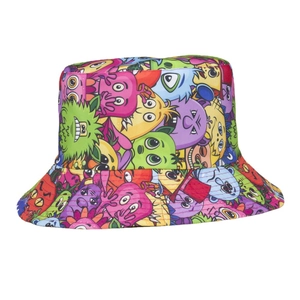 Cartoon printed bucket hat with colorful monster patterns for sun protection
