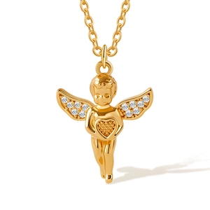 Close-up of a 18K gold plated angel pendant necklace with sparkling zircon heart detail