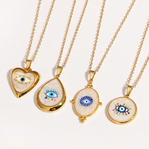 Evil Eye Pendant Necklace Stainless Steel Hamsa Hand Heart Round Geometric Colorful Enamel Bohemian Jewelry For Women