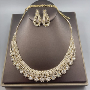 Detailed close-up of bridal rhinestone necklace and teardrop earrings set on display